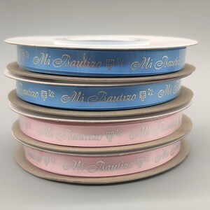 Mi Bautizo Ribbon with Holy Cross & Dove Pattern -  Baby Blue or Baby Pink - Silver Embossed - 25 Yards x 3/8&quot; - 100% Polyester - In Spanish