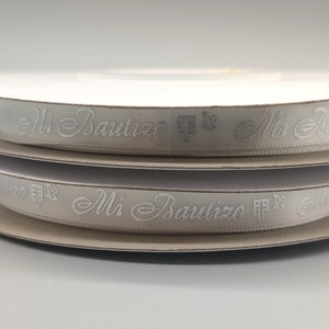 Mi Bautizo Ribbon with Holy Cross & Dove Pattern - White Ribbon - Silver Embossed - 25 Yards x 3/8&quot; - 100% Polyester - In Spanish
