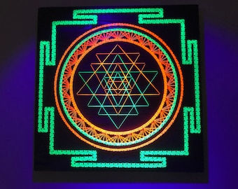 SRI YANTRA.UV Psychedelic String art,handgemachte Wandkunst,3D,Schwarzlicht,Dekor,Wandbehang,Yoga,Fäden&Nägel,Meditation,Zen art