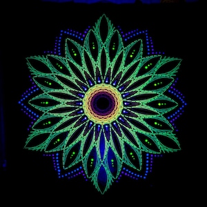 Green swamp lotus. stringart with dotart mandala,handmade,psychedelic,uv-active,UV string art,fluorescent,psydeco,zen art,meditation
