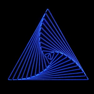 May include: A striking neon blue geometric triangle against a black backdrop. The design features numerous parallel lines converging to the centre, forming a spiral. The artwork has a modern, abstract aesthetic, suitable for contemporary decor.