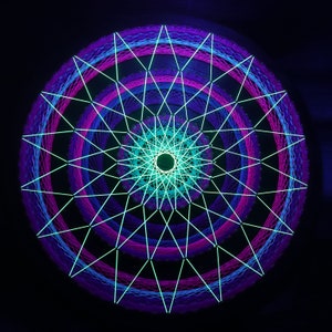 Cosmos blossom.UV Psychedelic String art,Handmade Wall Art,3D,Black light,decor,Wall hanging,Yoga,thread&nails,meditation