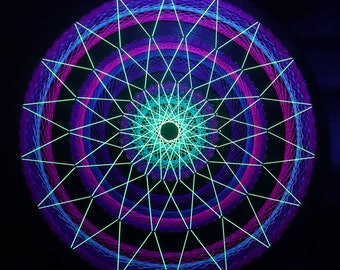 Cosmos blossom.UV Psychedelic String art,Handmade Wall Art,3D,Black light,decor,Wall hanging,Yoga,thread&nails,meditation