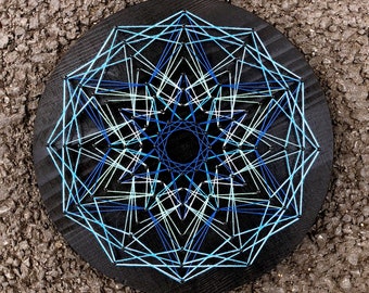 UV Psychedelic blue Mandala String art,sacred geometry,20cm/7.8inches,Handmade Wall Art,Black light,Home decor,Wall hanging,thread&nails