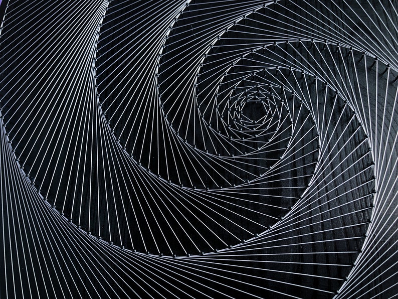 May include: A black background with a silver wire spiral design. The wire is woven in a circular pattern, creating a hypnotic effect.