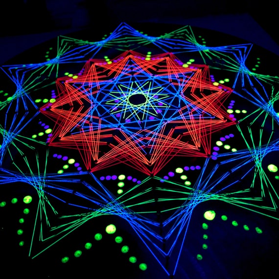 UV String Art With Dot Paint.psychedelic Mandala.black Light Wall Decor.zen  Art.meditation.sacredgeometry.fluorescent,glow,psytrance 