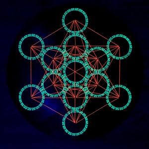 May include: A geometric design featuring a red and teal colour scheme. The design is composed of overlapping circles and lines, creating a complex and intricate pattern.