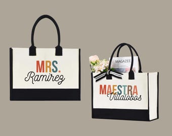 Personalized canvas tote bag with zipper and pockets, Personalized Tote Bag