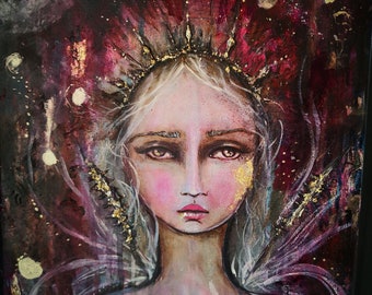 Original Mixed Media Girl Portrait Painting on Canvas