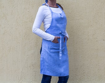 Linen apron in 16 various, garden apron, gift for mother, linen pinafore, gift for women, blue apron with front pockets,