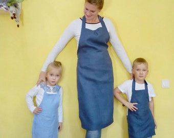 Linen apron in 16 various, garden apron, gift for mother, linen pinafore, gift for women, blue apron with front pockets softened linen apron