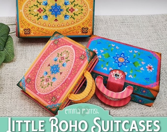 Printable Boho Suitcases, 3D Papercraft, Gift Boxes, Trinket Boxes, Jewelry Box, Ephemera Storage, Video Tutorial, Colorful Hippie Set of 3