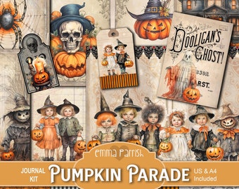 Pumpkin Junk Journal Kit, Halloween Printable, Trick or Treat, Children, Spooky, Vintage, Gothic, grunge, Scarecrow, Orange, Black