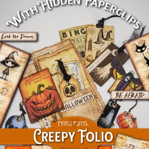 Halloween Folio, creepy vintage folio, junk journal insert, pumpkins, jack o lanterns, free hidden paper clips printable, Halloween Ephemera