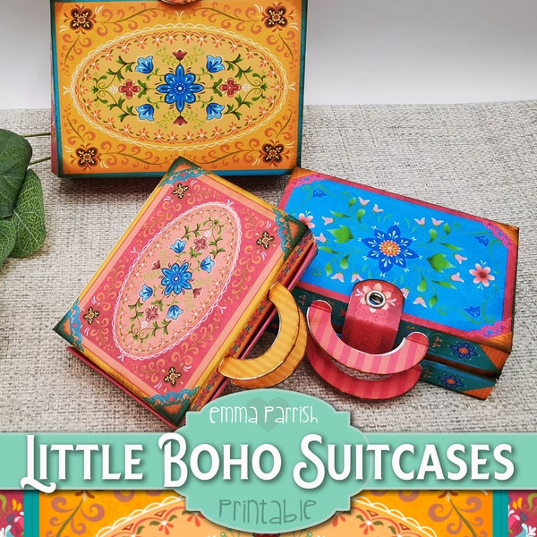 Printable Boho Suitcases, 3D Papercraft, Gift Boxes, Trinket Boxes, Jewelry Box, Ephemera Storage, Video Tutorial, Colorful Hippie Set of 3