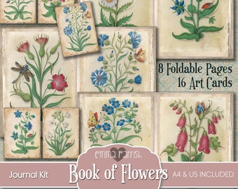 Printable Flowers Junk Journal Kit, Flower Journal, Floral Digital Paper, Vintage Printable Paper, Vintage Botanical Illustrations