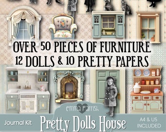 Pretty Dollhouse Journal Kit, Printable Dolls house Book, Paper Dolls, Vintage, Blue & Pink, Printable Dollhouse Wallpaper Paper Kit