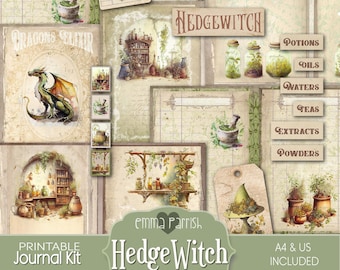 May include: Printable journal kit with a green, brown, and white color scheme. The kit features a dragon, a witch's hat, and various herbs and potions. The text "Hedge Witch" is featured in a green heart.
