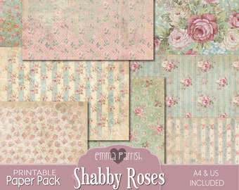 May include: Printable paper pack with a shabby chic theme featuring roses in various shades of pink and green. The pack includes 10 digital papers in A4 and US letter sizes. The text "Emma Parrish Shabby Roses" is displayed on the front of the pack.