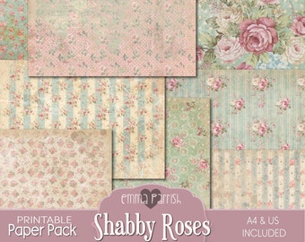 Shabby Roses, Junk Journal Supplies, Printable Paper, Pink, Blue, Green, Digital Paper Pack, Vintage Floral, Scrapbook, Collage