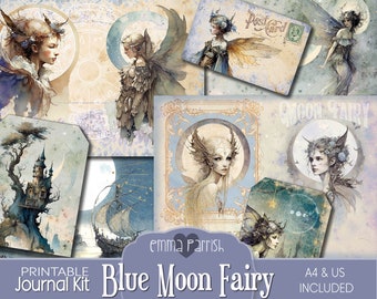 Puede incluir: Un kit de diario imprimible con un tema de hada de luna azul. El kit incluye imágenes de hadas, castillos y lunas. El texto "Blue Moon Fairy" está impreso en la parte delantera del kit.
