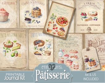 Bakery Cake Journal Kit, Printable, Shabby French Patisserie, Pastries, Pie, Cake, Dessert, Vintage,  Digital Paper Pack, Scrapbook, Collage