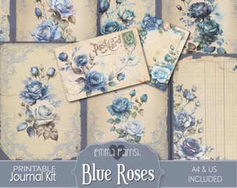 Blue Rose Junk Journal Kit, Shabby, Vintage Flowers, Botanical, Digital Paper, Ephemera Download, Scrapbook, Card Making Supplies, Collage