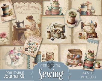 May include: A printable journal kit with a vintage sewing theme. The kit includes images of spools of thread, sewing machines, buttons, and ribbons. The text "Emma Parrish Sewing" is featured in the center of the image. The text "Printable Journal Kit" is featured in the bottom left corner of the image. The text "A4 & US Included" is featured in the bottom right corner of the image.