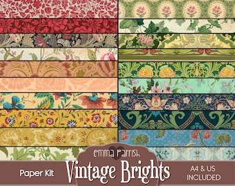 Vintage Bright Patterned Printable Paper Pack, Junk Journal Digital Download, Victorian, Wallpaper, Scrapbook Collage sheets, Ephemera Pages