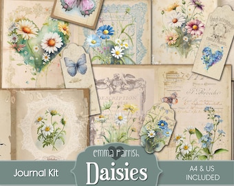 Daisies Junk Journal Kit, Flower Journal, Watercolor Floral Digital Paper, Vintage Printable Paper, Dandelions Download, Forget me nots