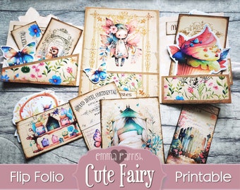 Cute Fairy Junk Journal Kit, Flip Folio, Pockets, Tags, Mini Folio Insert, Vintage, Folder, Craft Kit, Ephemera, Digital Kit, Download