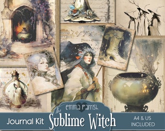 May include: A collage of vintage-style illustrations with a witchy theme. Includes images of a witch's hat, a cauldron, a potion bottle with a castle inside, and portraits of women. The text "The Emma Parrish Journal Kit Sublime Witch Printable" is displayed.