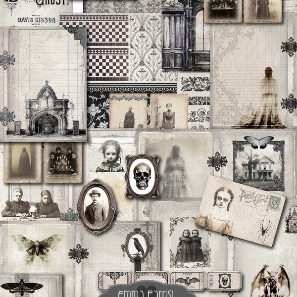 Haunted House Junk Journal Kit, Printable, Gothic Ephemera, Spooky, Horror, Ghost, Pagan, Victorian Vintage, Spirit, Ethereal Black & White