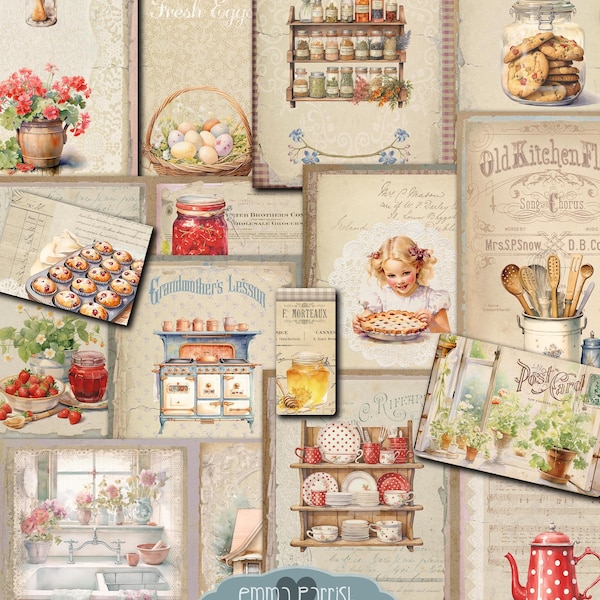 Grandma's Kitchen Printable Junk Journal Kit, Nostalgic, Shabby, Vintage, Countryside, Gingham, Baking, Recipe, Cooking, Download, Scrapbook