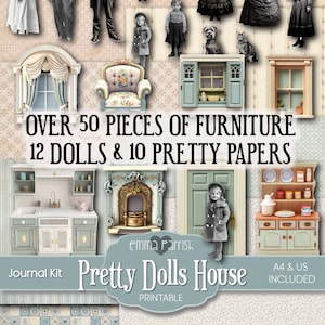 Pretty Dollhouse Journal Kit, Printable Dolls house Book, Paper Dolls, Vintage, Blue & Pink, Printable Dollhouse Wallpaper Paper Kit