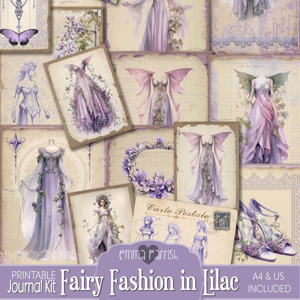 Lilac Fairy Fashion Junk Journal Kit, Printable, Fairy Dresses, Gowns, Fairies, Purple, Digital Journal, Couture, Fairy Download, Scrapbook