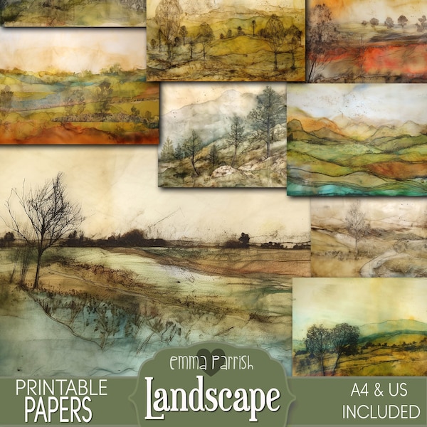 Landscape Printable Paper Pack, Junk Journal, Background, Watercolour, Painting, Art, Encaustic Wax, Scrapbook, Collage, Digital Download