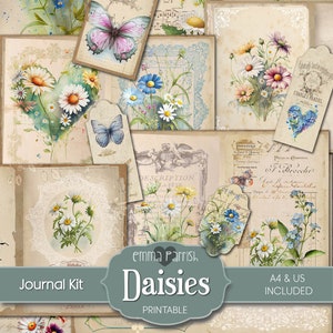 Daisies Junk Journal Kit, Flower Journal, Watercolor Floral Digital Paper, Vintage Printable Paper, Dandelions Download, Forget me nots
