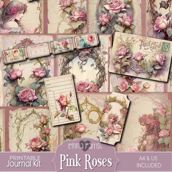 Pink Roses Junk Journal Kit, Printable, Shabby Chic, Flowers, Botanical, Romantic, Red Roses, Journal Pages, Ephemera, Digital Download