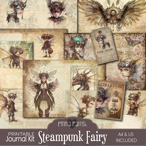 Steampunk Fairy Junk Journal Kit, Printable, Industrial Vintage Grunge, Fantasy, Fairies, Digital Download Paper Set, Scrapbook, Collage