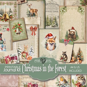 Kit de carnet imprimable Noël dans la forêt, mignons animaux de Noël, forêt, renard, cerf, ours, arbres, lapin, neige