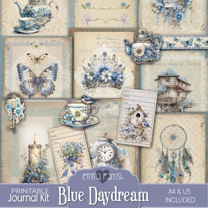 Blue Junk Journal Kit, Shabby, Vintage, Butterflies, Floral, Dream, Watercolor, Digital Paper, Printable Paper, Blue Digital Download