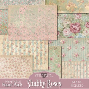 Shabby Roses, Junk Journal Supplies, Printable Paper, Pink, Blue, Green, Digital Paper Pack, Vintage Floral, Scrapbook, Collage