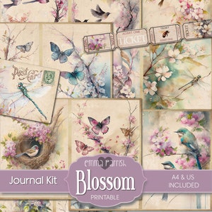 Blossom Printable Junk Journal Kit, Flowers, Birds, Butterfly, Dragonfly, Spring Digital Paper, Ephemera Download, Scrapbook, Collage