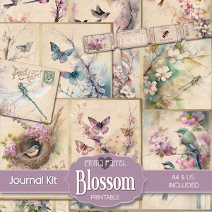 Blossom Printable Junk Journal Kit, Flowers, Birds, Butterfly, Dragonfly, Spring Digital Paper, Ephemera Download, Scrapbook, Collage