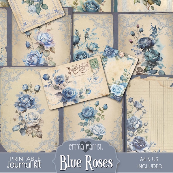 Blue Rose Junk Journal Kit, Shabby, Vintage Flowers, Botanical, Digital Paper, Ephemera Download, Scrapbook, Card Making Supplies, Collage