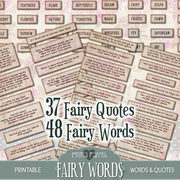Afdrukbare Fairy Words, Quotes & Phrases, Junk Journal, Ephemera, Embellishments, Craft Kit Scraps, Vintage, Fussy Cut, Collage, kaarten maken