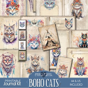 Boho Cats Junk Journal kit, Bohemian Printable Papers, Vintage, Retro, Hippie, Gypsy, Ephemera, Scrapbook, junk journaling Supplies, Collage