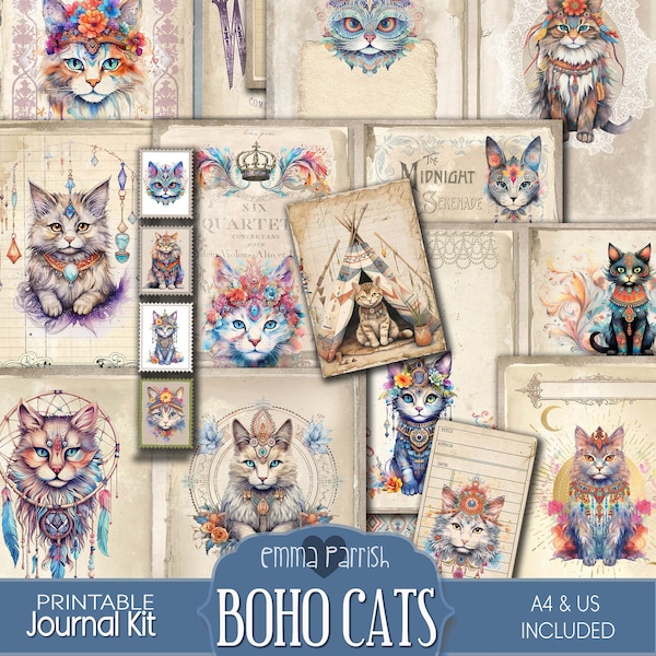 Boho Cats Junk Journal kit, Bohemian Printable Papers, Vintage, Retro, Hippie, Gypsy, Ephemera, Scrapbook, junk journaling Supplies, Collage