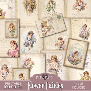 Flower Fairy Junk Journal Kit, Printable, Shabby, Fantasy, Fairies, Digital Paper Set, Vintage Watercolor, Download, Scrapbook Collage